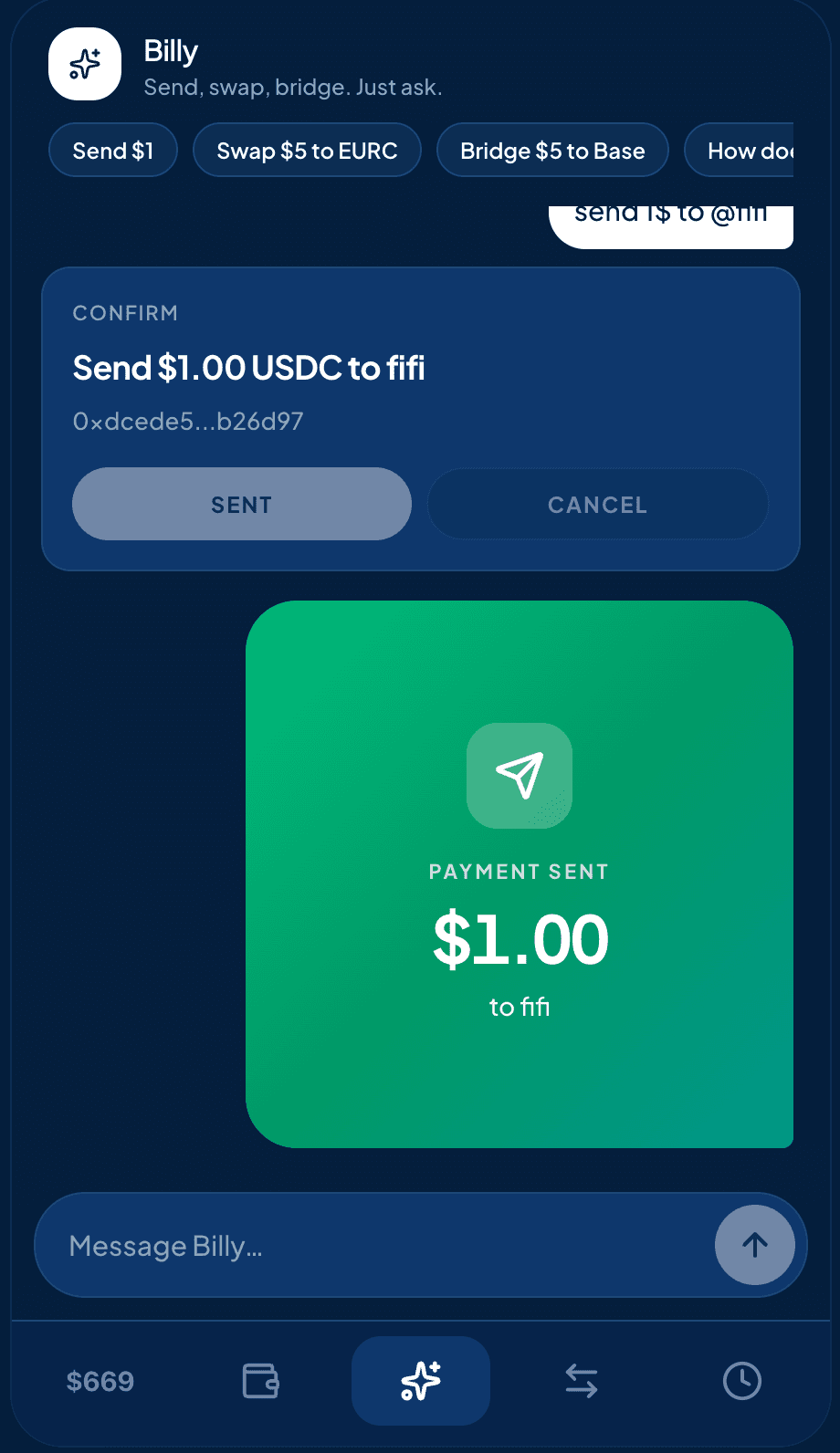 Billy chat showing a conversational money move: a natural-language request, a confirm card, and a payment-sent receipt.