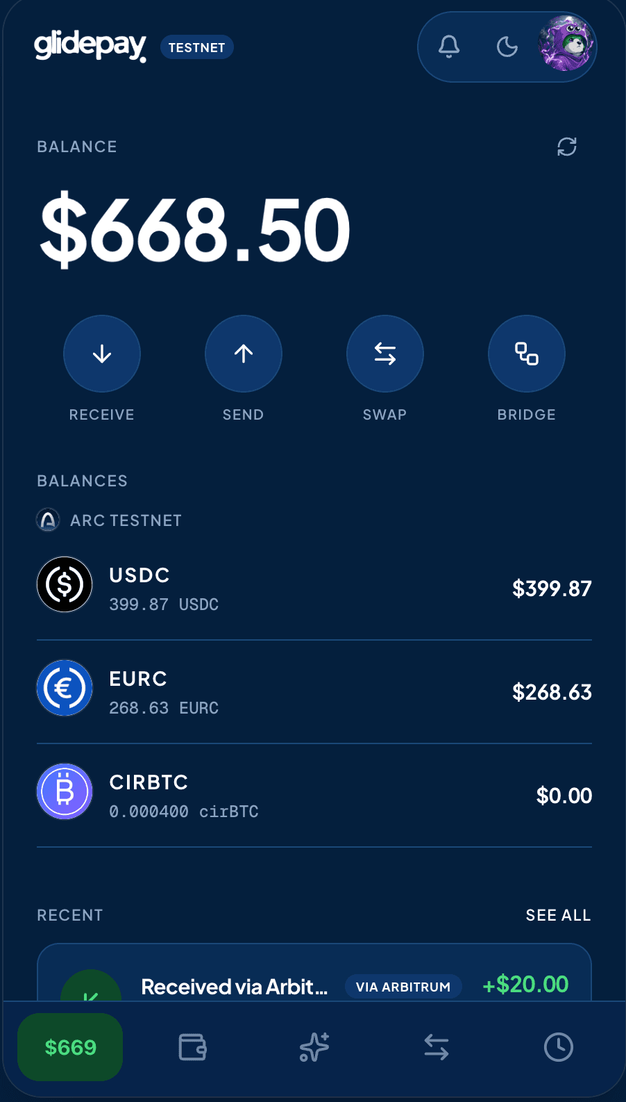 The glidepay home screen, showing balance across USDC, EURC, and cirBTC on Arc.