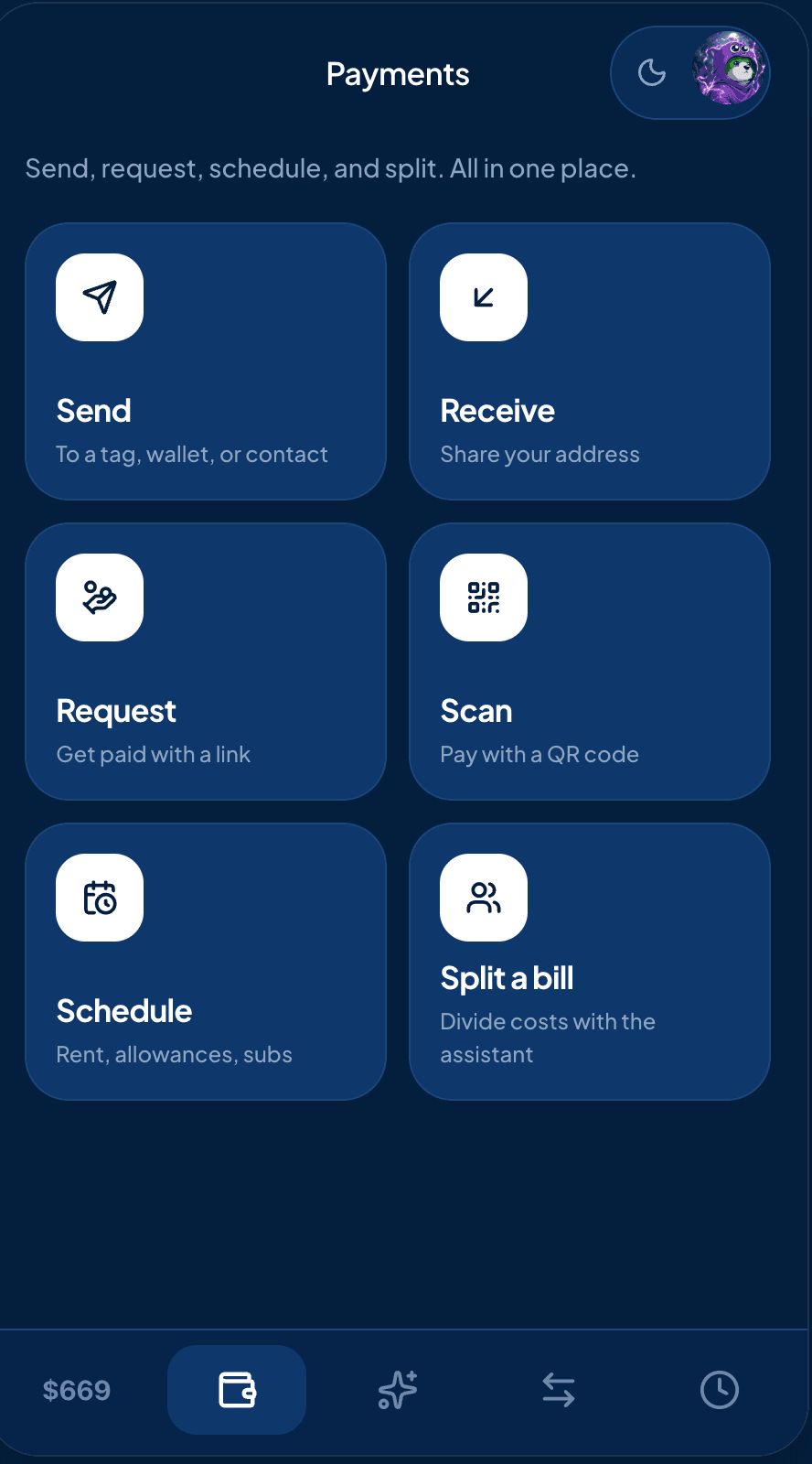 Payments screen in the glidepay testnet app.
