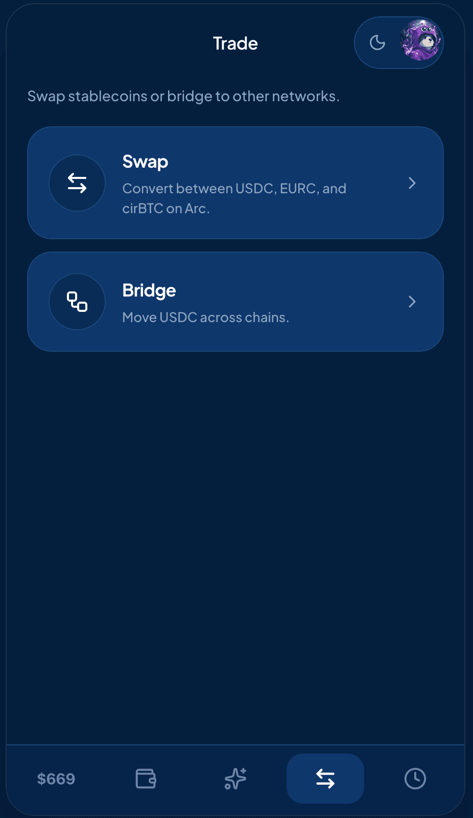 Trade screen in the glidepay testnet app.