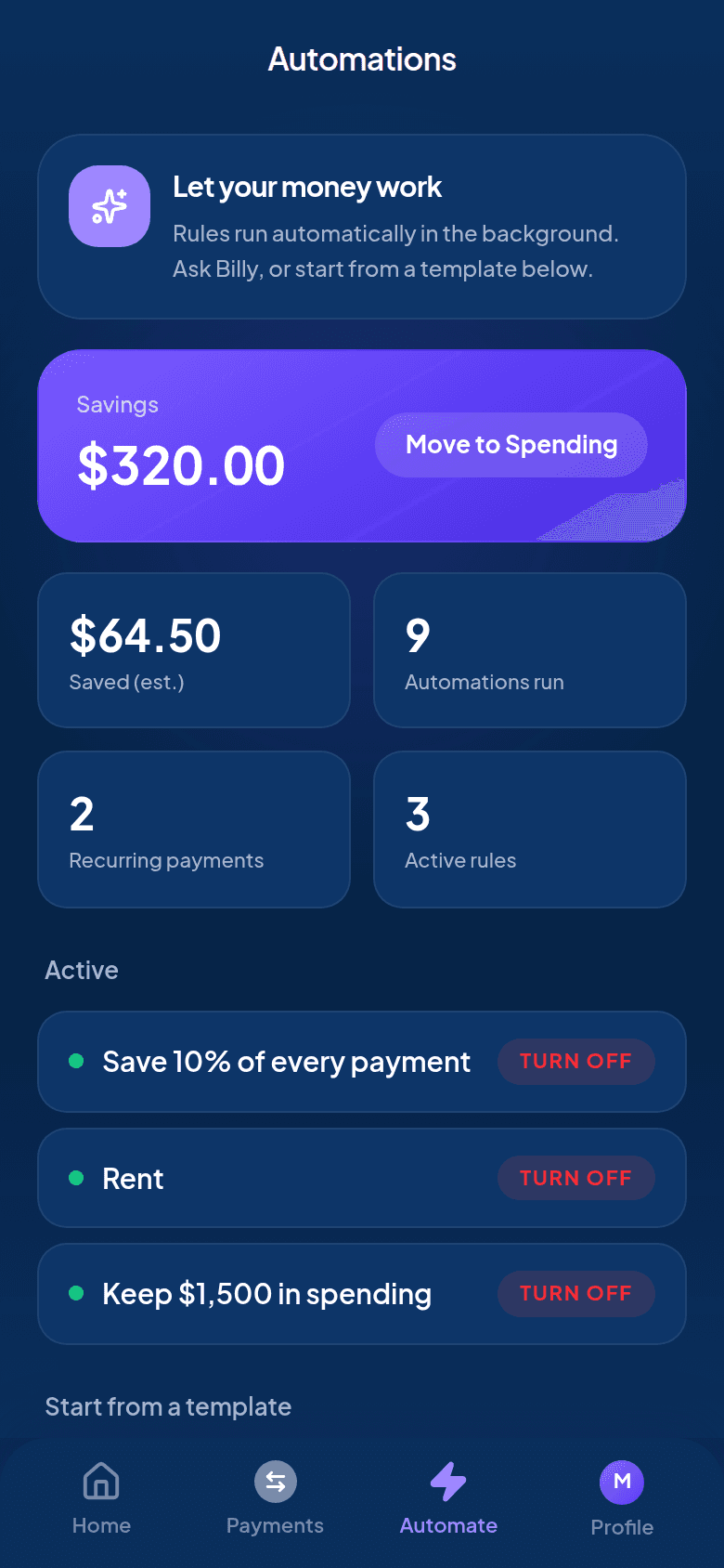 Automate screen in the glidepay app.