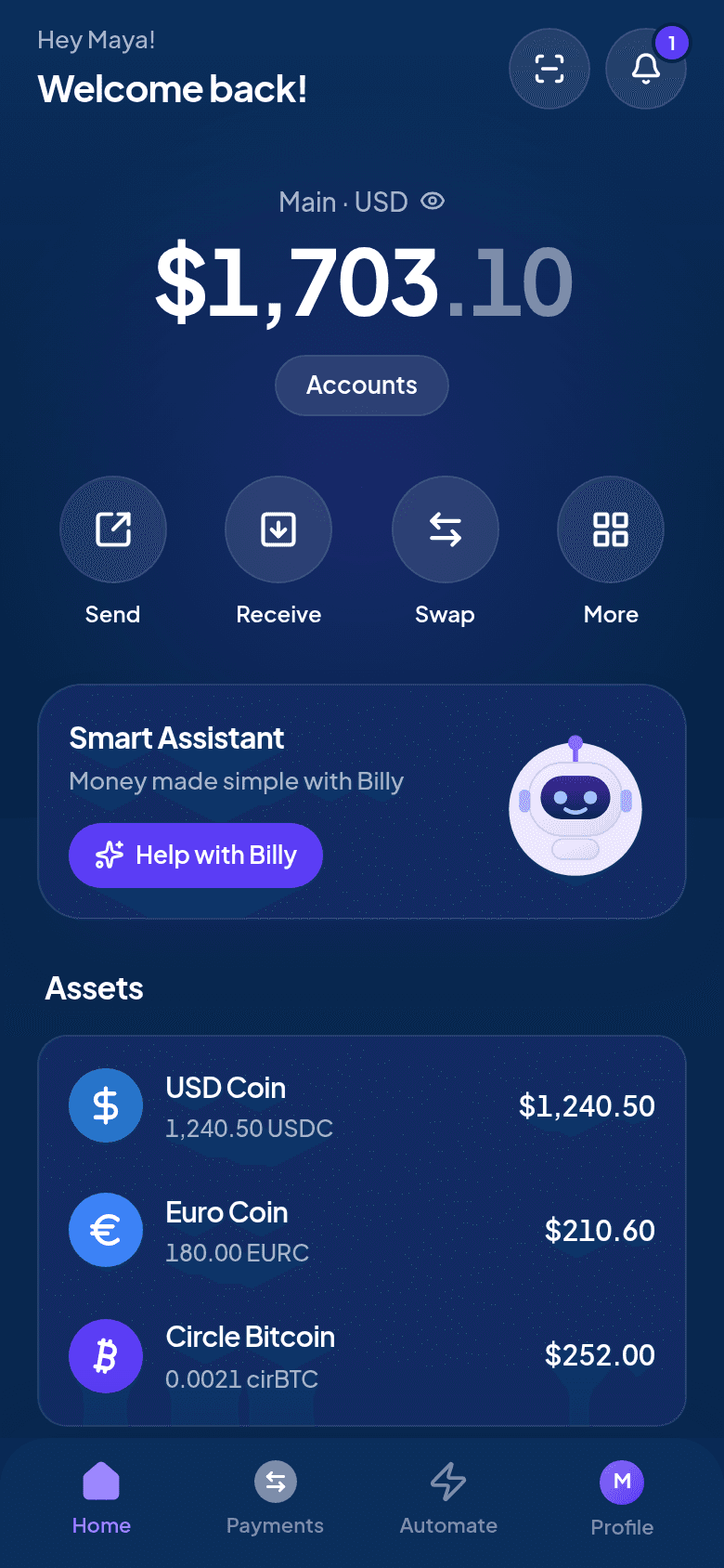 The glidepay home screen: a $1,703.10 balance, Send, Receive, Swap and More, the Billy card, and USDC, EURC and cirBTC assets.
