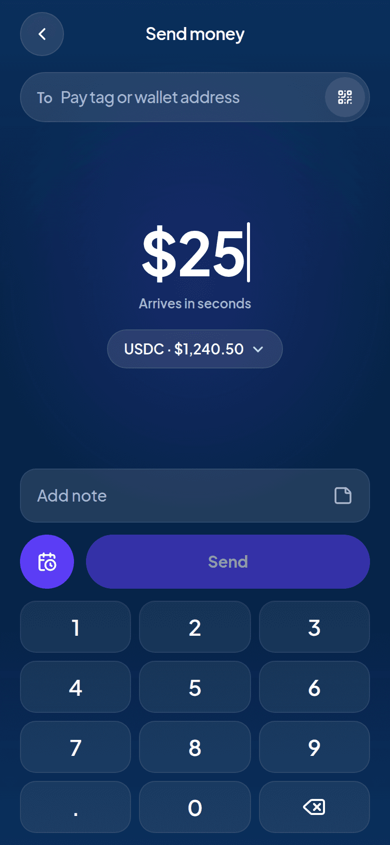 Send screen in the glidepay app.